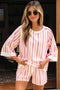 Vertical-Stripe Drop-Shoulder Half-Sleeve Crewneck Contrast-Band Short Set